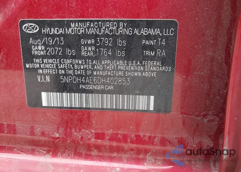 2013 Hyundai Elantra Gls z USA, uszkodzony, nr VIN 5NPDH4AE6DH402853